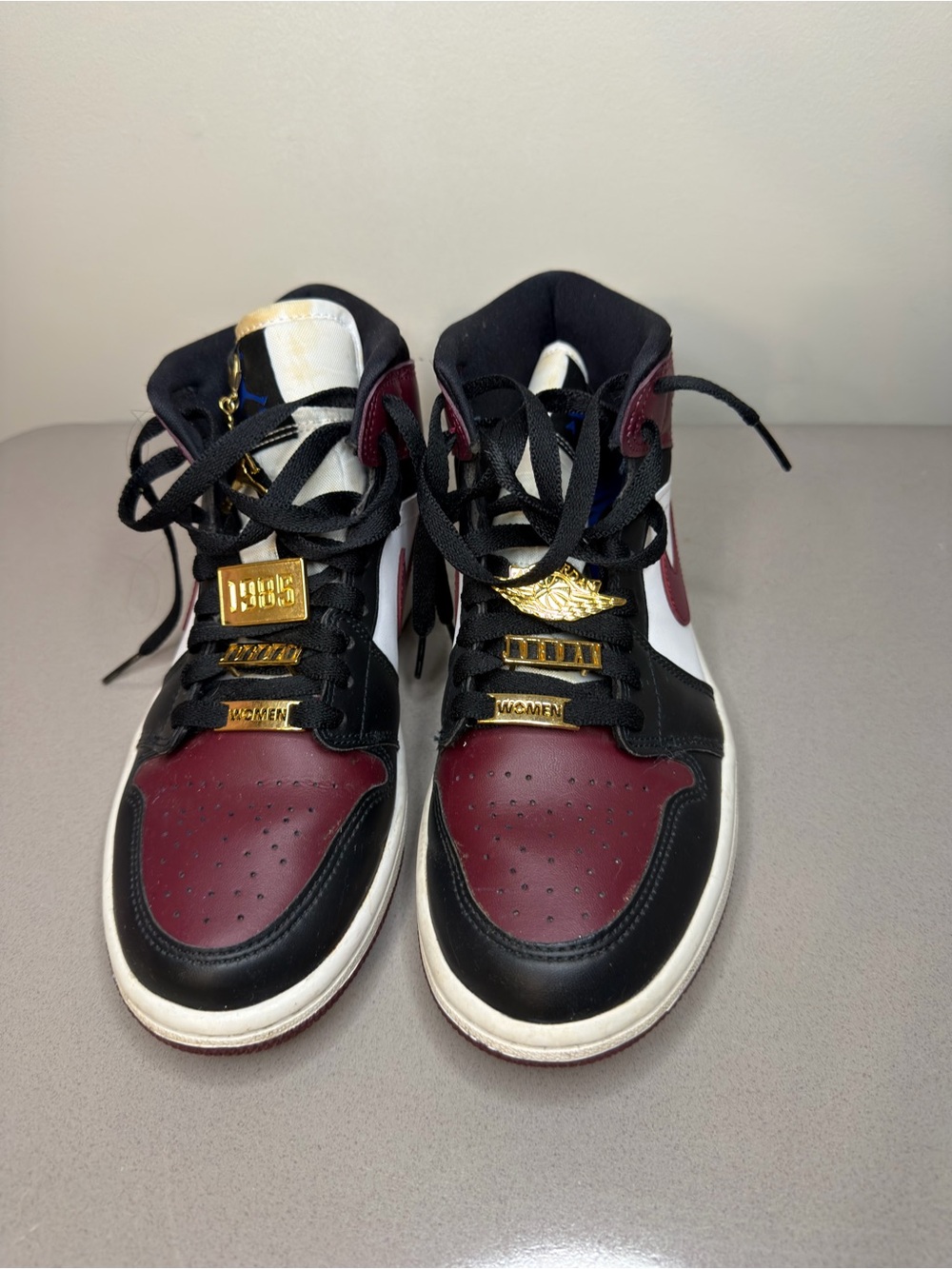 Nike women’s High-Top Sneakers in Burgundy, Black & White with Gold Accents
